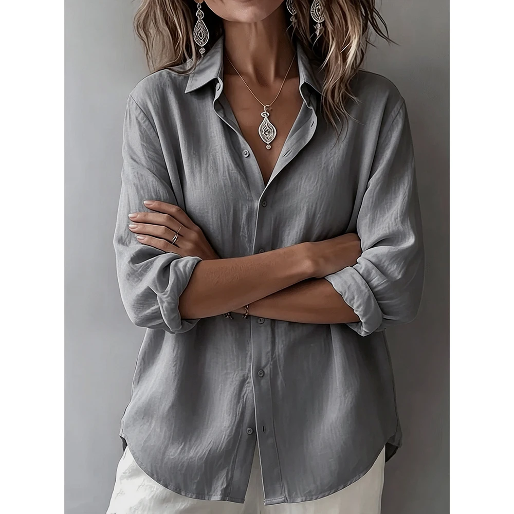 Damen Baumwoll-Leinen-Hemd, Oversize, leicht, atmungsaktiv, einreihig, lässig, mit Umlegekragen, langen Ärmeln, klassische Bluse – Detail 19