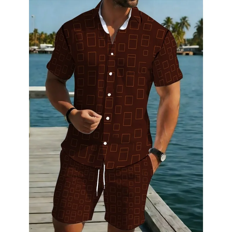 Men's Brown Geometric Print Short Sleeve Shirt and Trousers Set，Lightweight polyester suit，Suitable for beach vacation wear，Pro