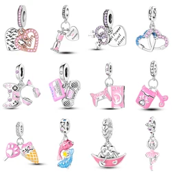 925 Sterling Silver Game Console Earphone Love Couple Pink Series Pendant Fit Charms Bracelet DIY Women Jewelry Beads