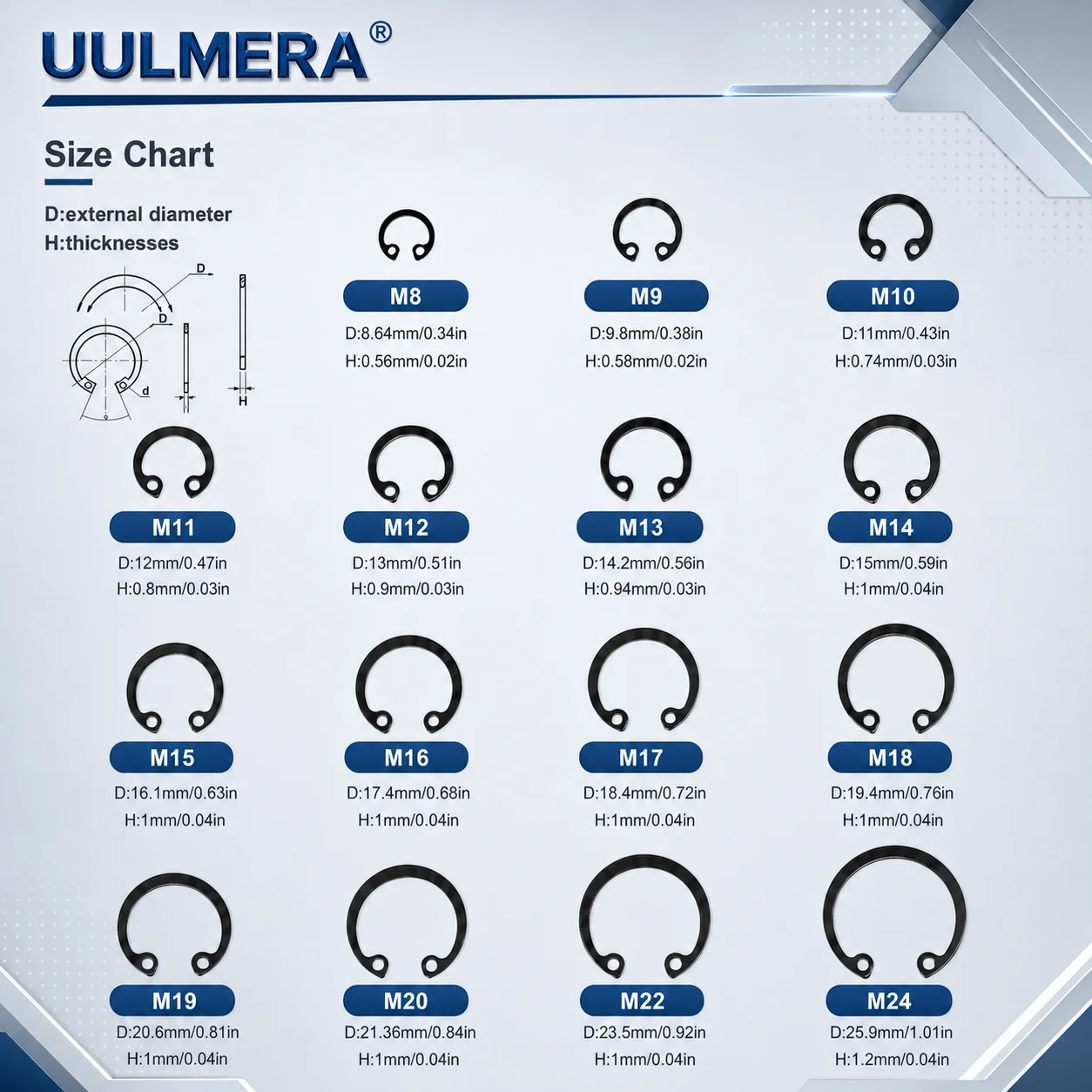 UULMERA 288Pcs Snap Ring Shop Assortment Alloy Steel External Circlip Snap Retaining Clip Rings Set,10 Sizes（M8-M24）