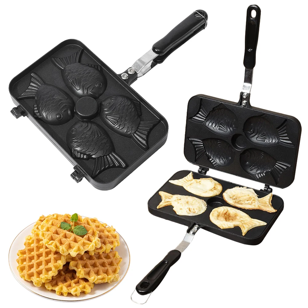 Cuatro moldes para gofres con forma de pez, aleación de aluminio, Taiyaki, utensilios para hornear, bandeja para hornear Taiyaki, máquina de desayuno, máquina para hacer gofres