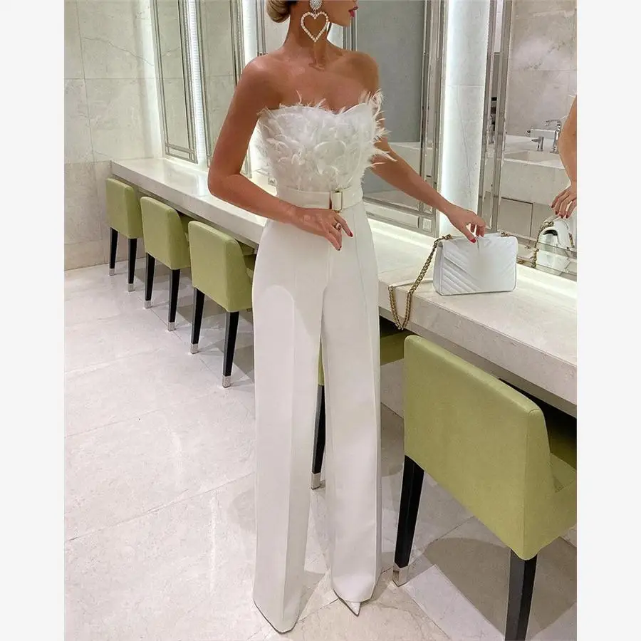 

Уличный комбинезон с декором из перьев, прямые брюки-трубы, комбинезон на одно плечо с перьями, повседневные брюки с высокой талией, длинные брюки