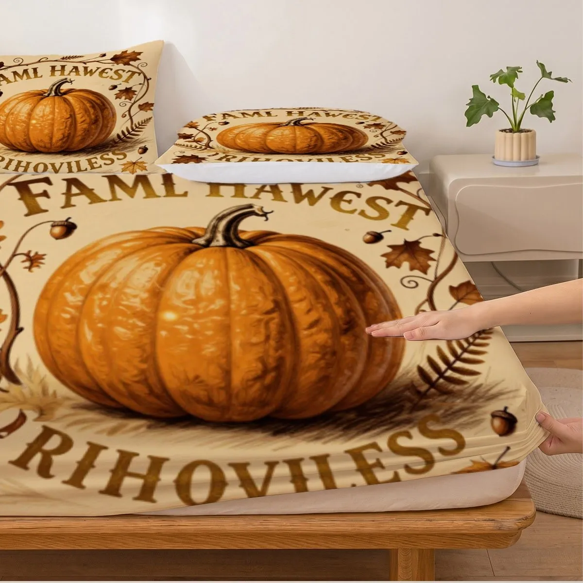 3-Piece Autumn Harvest Thanksgiving Themed Bedding Set, Mattress Protector, Three-Piece Bed Sheet Set, 2D Digital Printed Bedding with Warm Yellow Earthy Pumpkin and Autumn Leaf Patterns, Available in Various Sizes, Suitable as a Housewarming and Holiday Gift for Families and Couples