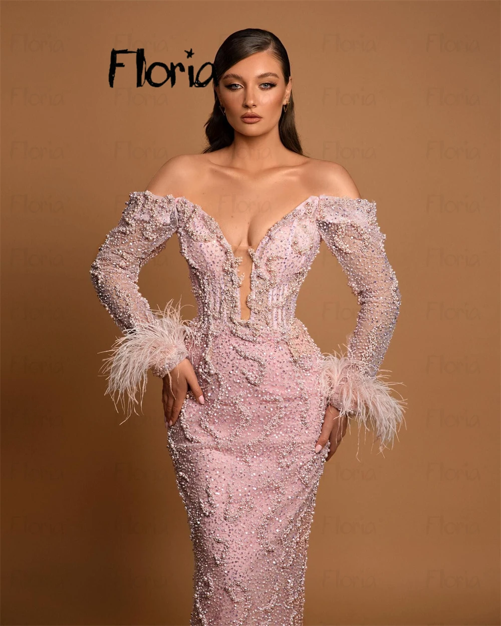 Beading Pink Mermaid Evening Dress Exquisite Feather Big Pearls Cocktail Party Gown Wedding Prom Dresses Birthday Wear Dinner