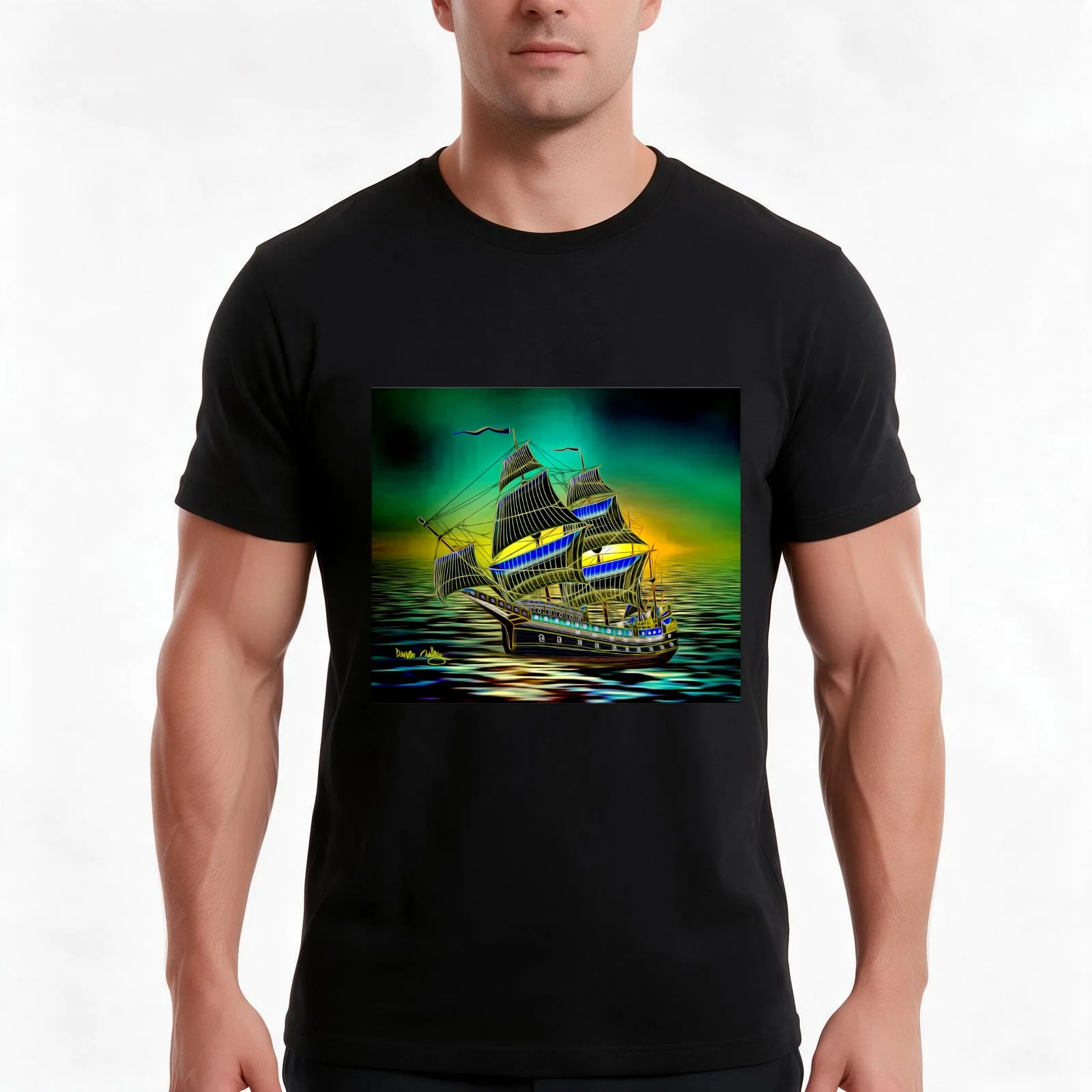 A Colourful Line-art, Ship of the Line, Battleship at Sunset T-Shirt, Summer Casual Cotton Tee, Oversized Streetwear Tops