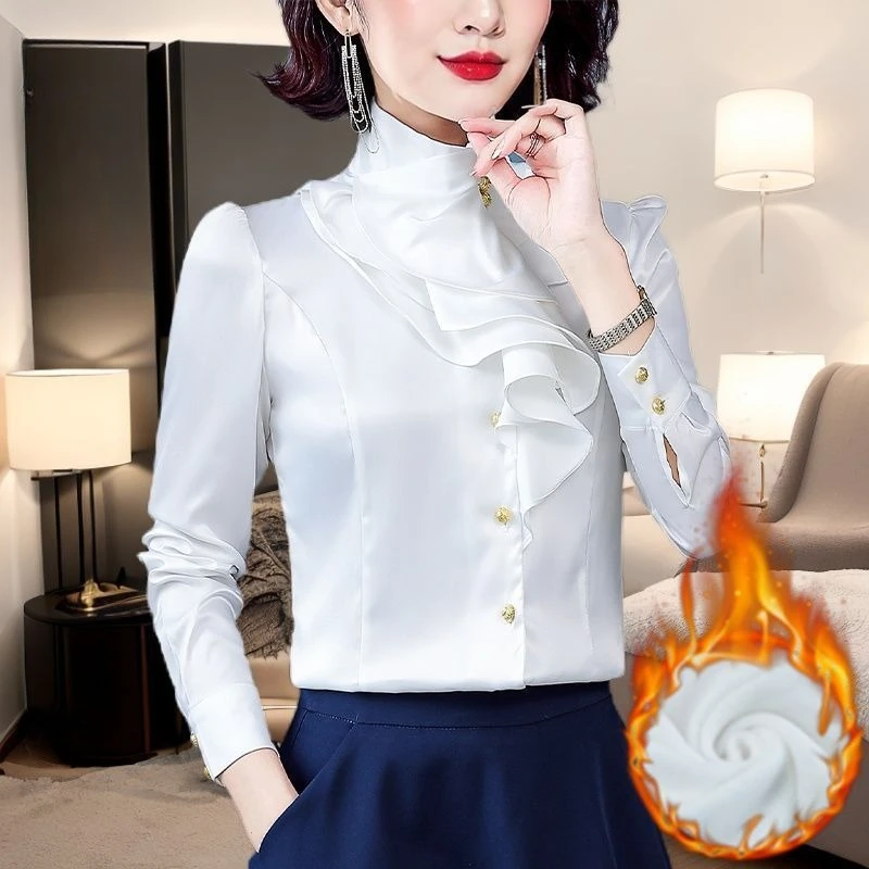 

Women's Fleece Lined Shirt Long Sleeve Winter White Ruffled Vintage Blouse Office Casual