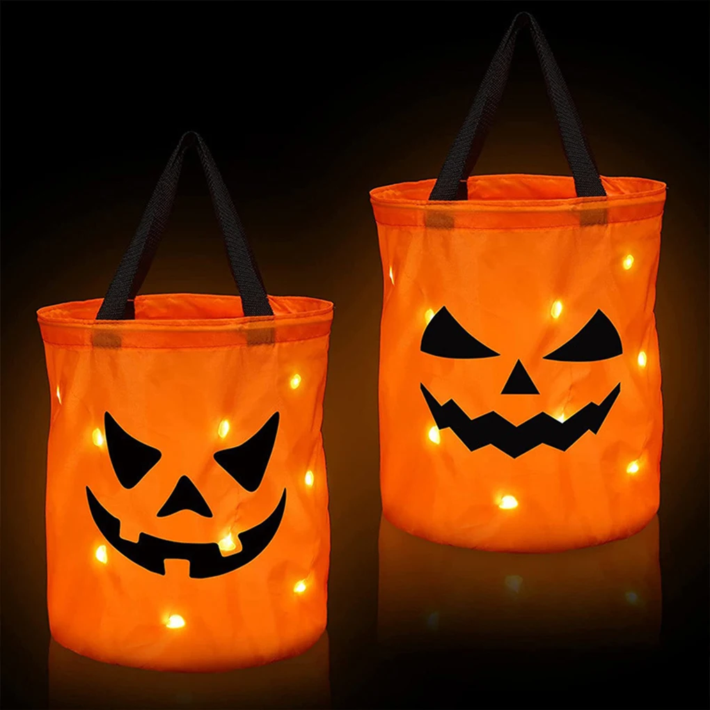 Polyester Children S Trick Or Treat Candy Bag With LED Lights Easy To Clean And Reuse Candy Bags Orange Red