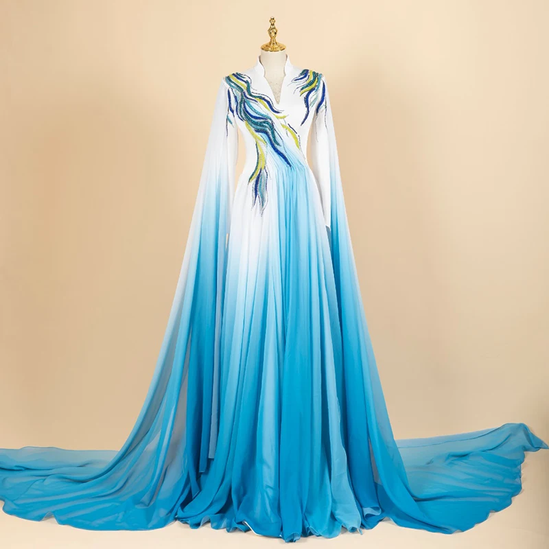 

Luxury Evening Dress for Women Custom Embroidery Gown Water Sleeve Gradient Color T56