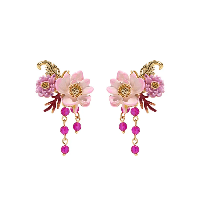 

Asters Lotus Fern Leaves Colorful Beads Tassel Ear Clips Necklace Niche Internet Celebrity Trendy Individual Luxury Versatile