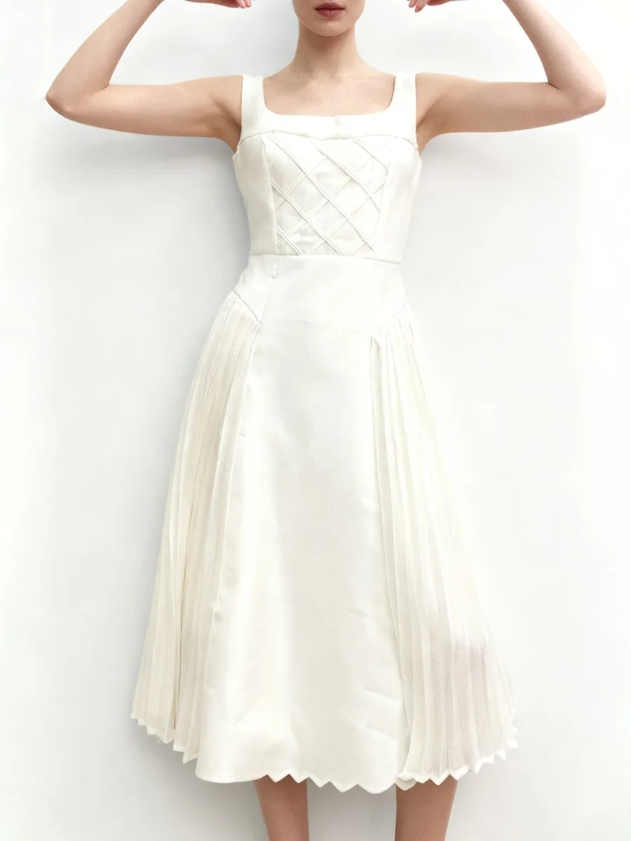 TWOTWINSTYLE Solid Spliced Shirring Fashion Dresses for Women Square Neck Sleeveless High Waist Casual Dress Female Clothing New