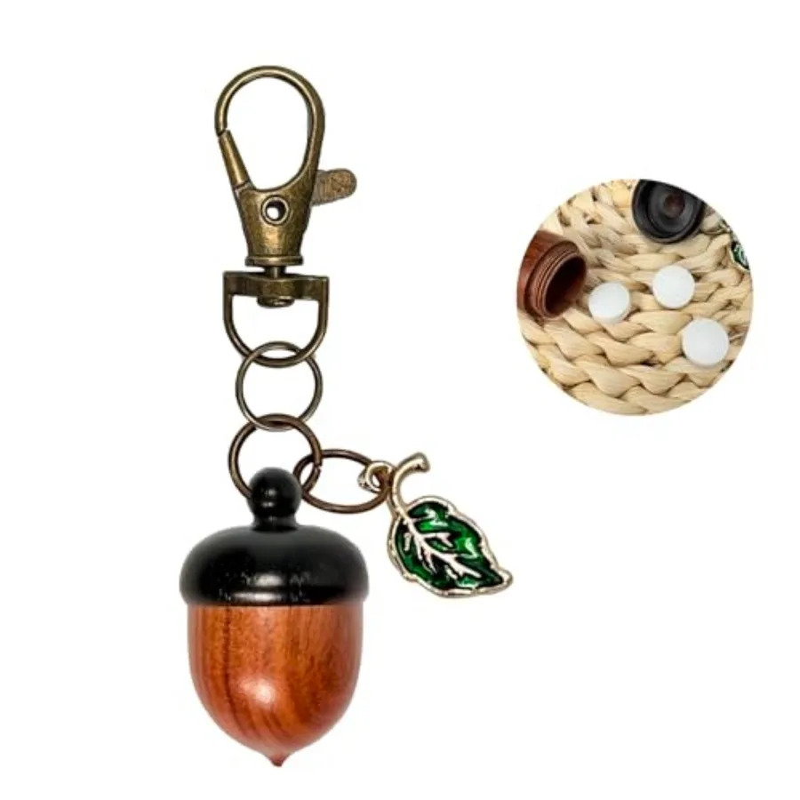 

Cute Acorn Canister Keychain, Funny Small Portable Pill Organizer Bag Charms, Green Enameled Kawaii Leaf Decor Key Chain