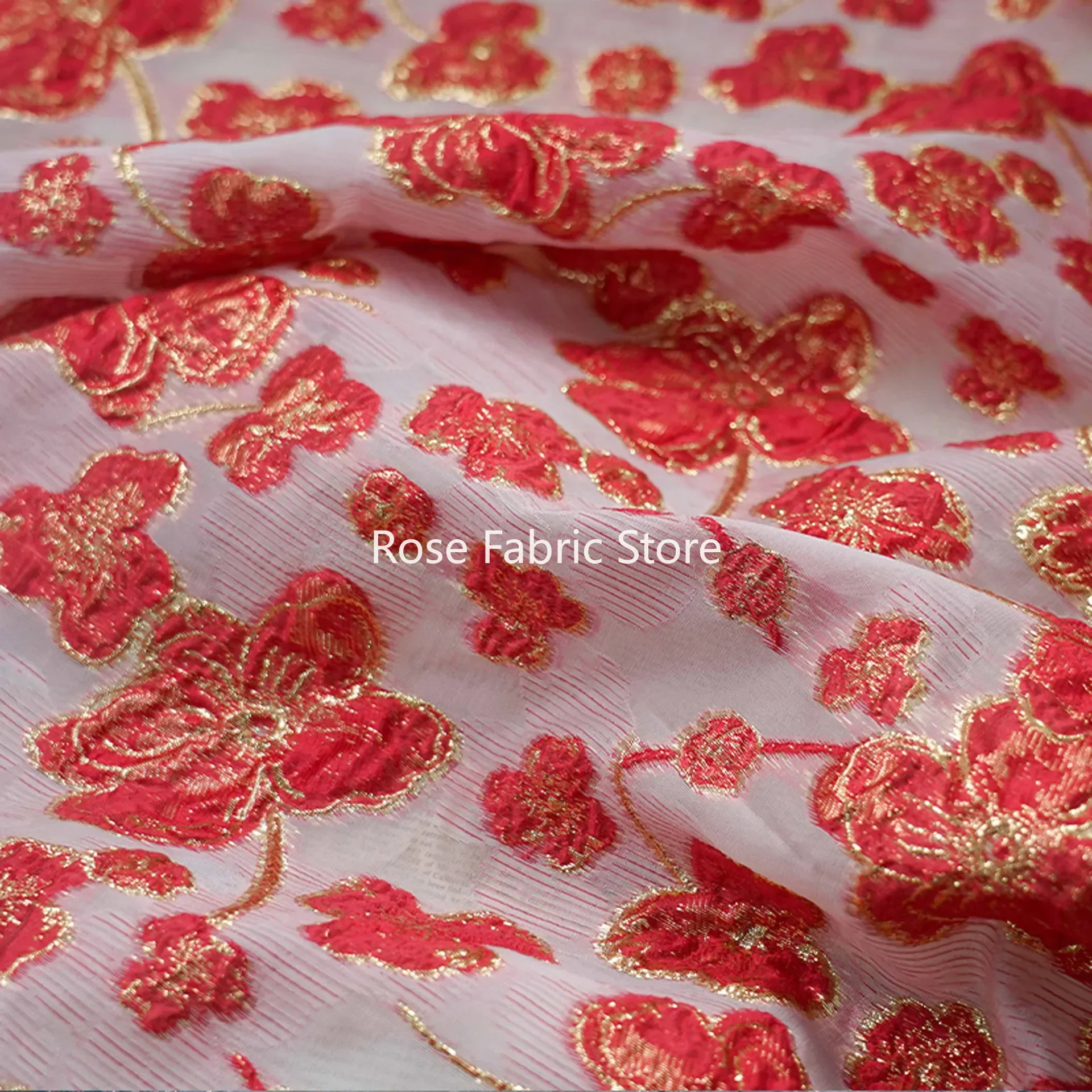 1 meter Gold Silk Flower Relief Micro Transparent Jacquard Fabric Fashion Dress Costume Luggage Bag Decorative Sewing Fabric