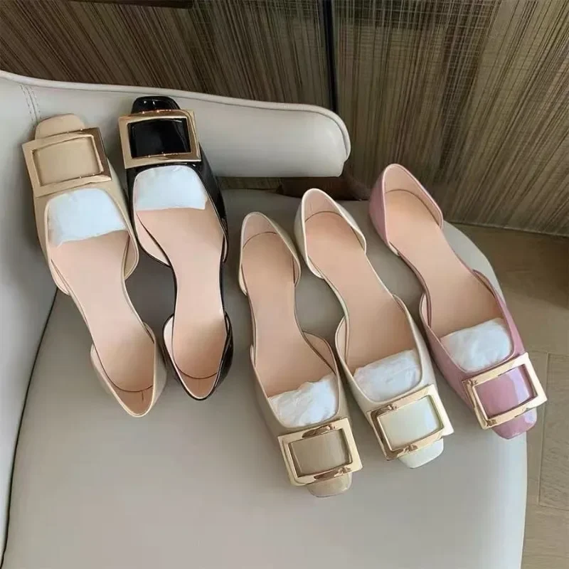 

New Women Sandals Metal Square Buckle Leather Thick Heel Square Toe Sandal Spring Casual Low Heel Back Strap Fashion Sandals