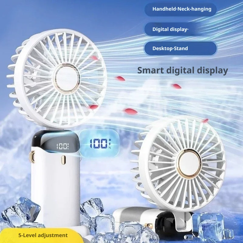 Portable Handheld Mini Fan Foldable Desk Neck Hanging Fan, 5 Speed USB Rechargeable Cooling Fan with Digital Display Screen & Mu
