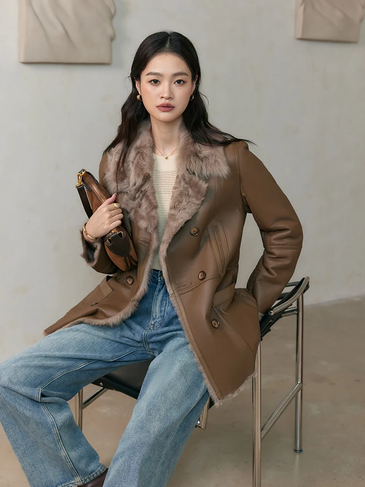 High-end หรูหราของแท้หนัง Lamb FUR ฤดูหนาวแจ็คเก็ตผู้หญิง Simple VINTAGE Double Breasted หนา WARM ขนสัตว์จริง Coat