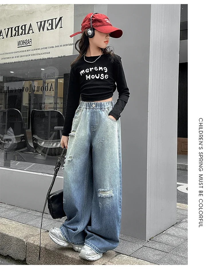 ZOETOPKID Mädchen Zerrissene Distressed Jeans Weite Hose mit Elastischem Bund Farbverlauf Denim-Hose für Kinder – Detail 9