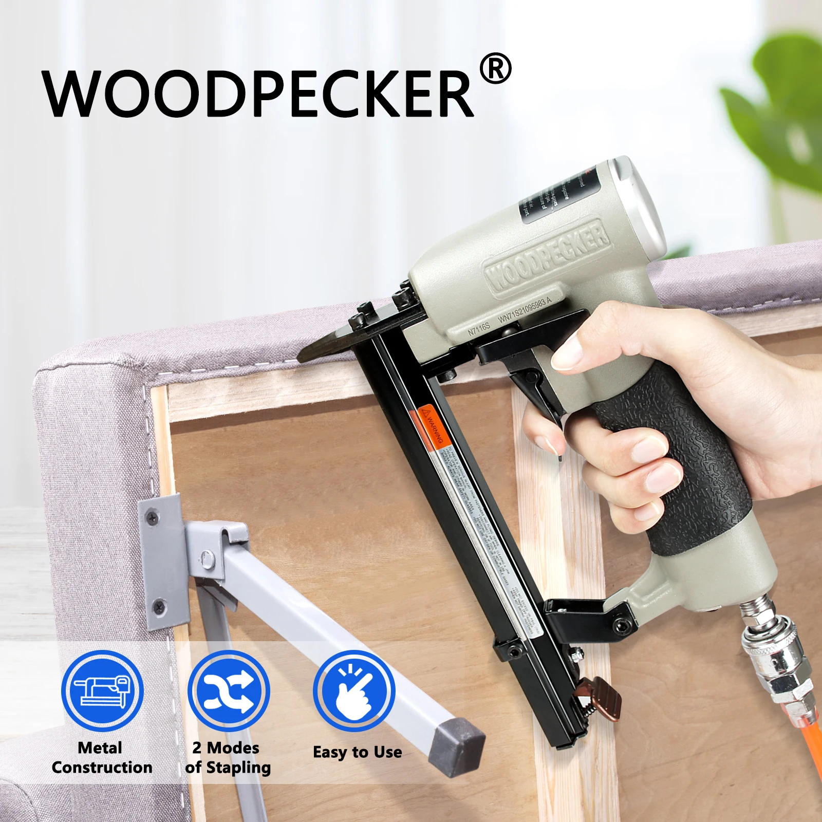 WOODPECKER N7116S 22 Gauge Pneumatic Continuous Firing Upholstery Stapler, 9.0mm Crown 6-16mm Length, for Woodworking, Furniture