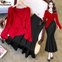 New Year Red Tops Elegant Women Fashion French Design Office Lady Basic Wear Outfits Solid Sexy V Neck Tops Blouses