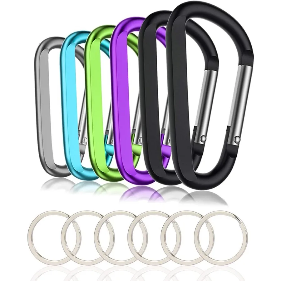 

6PCS Black Carabiner Caribeaner Clip3 Large Aluminum D Ring Shape Carabeaner with 6PCS Keyring Keychain Hook