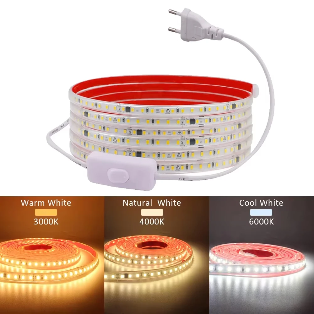 220V IP68 Waterproof 120LEDs/m LED Strip Light SMD 2835 Flexible Ribbon Tape Lamp ON OFF Switch EU Plug  for Outdoor Lighting