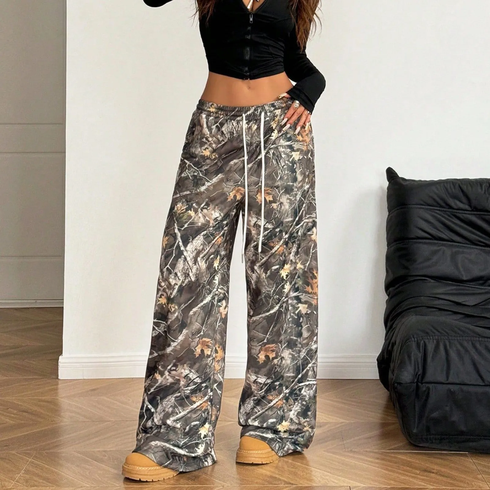 Realtree Damesbroek Winter Amerikaanse Vintage Lange Broek Hoge Taille Wijde Pijpen Uitlopende Broek Y2k Camo Print Sport Zweetbroek