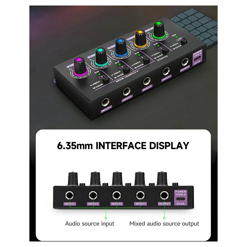 GAX-MH400 Ultra Low Noise Mini 4-Channel Mixer Mini Stereo Mixer Mixer Output Device Microphone Guitar Mixer EU-Plug