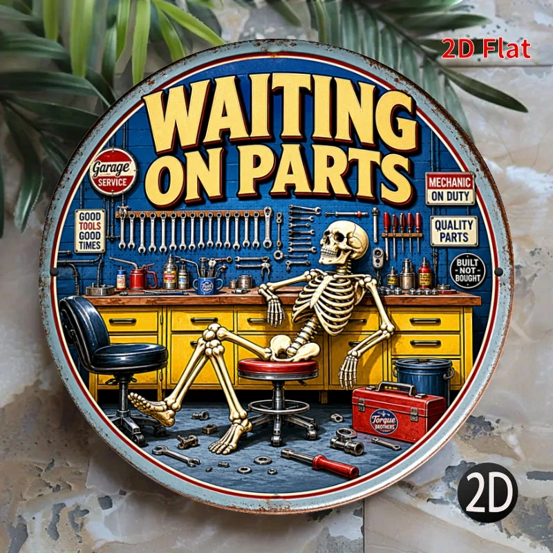 2D Flat, Decorative Sign 2D Flat - [2Dflat], 1pc 7.87X7.87inch Waiting on Parts Skeleton Mechanic Tin Sign, Funny Garage Decorat
