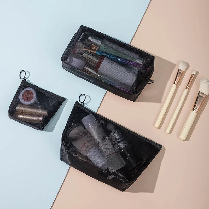 Borsa per il trucco multifunzionale in rete da donna piccola borsa per cosmetici da viaggio nera trasparente di medie dimensioni borsa per soldi Zero Beauty