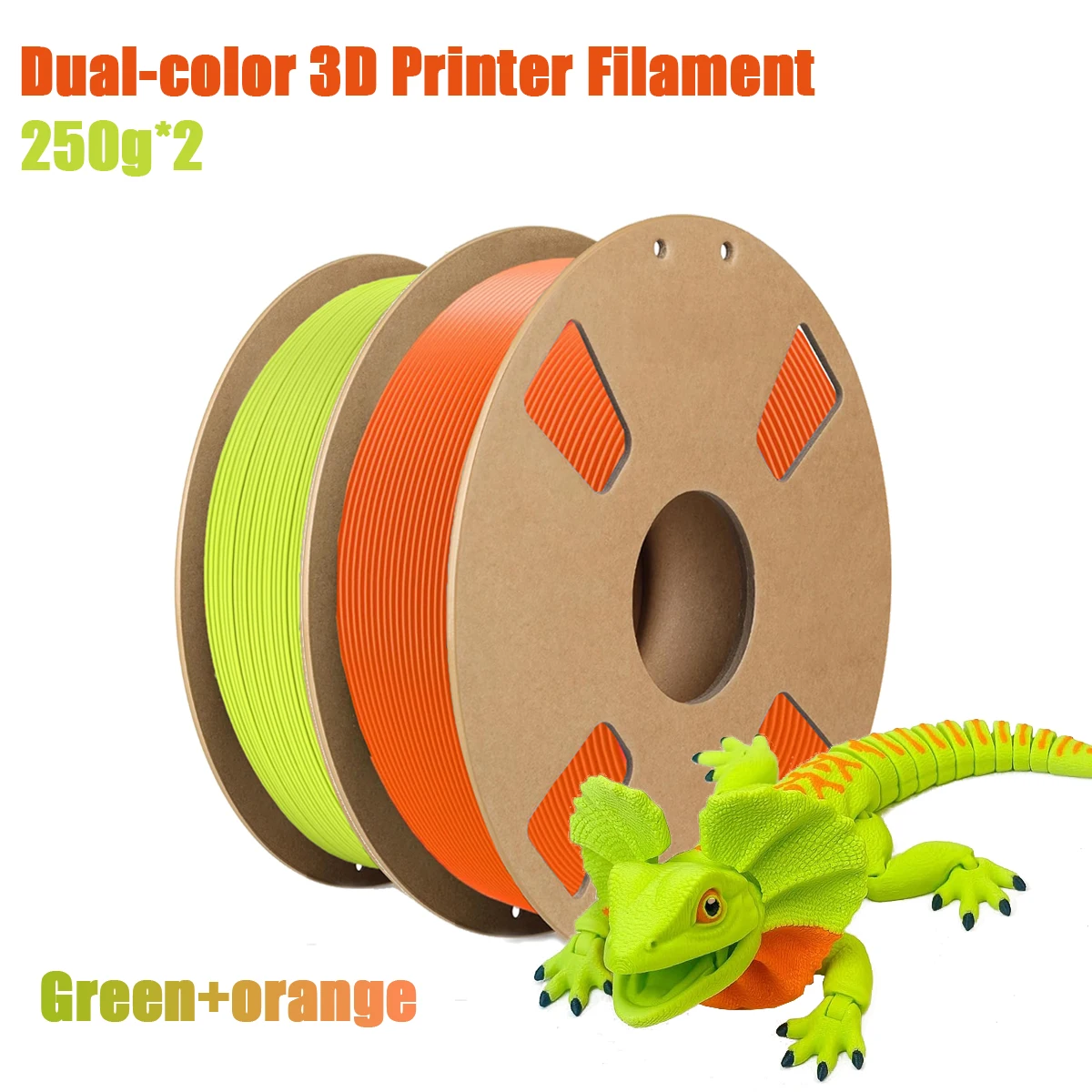 

PLA 3D Filament, 200g/250g/500g/1000g spool, 1.75mm ±0.03mm, dual-color (orange/green)