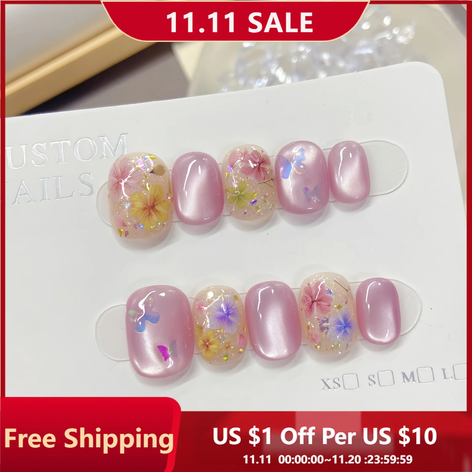 

10 шт., короткие квадратные овальные ногти ручной работы, светло-фиолетовые накладные ногти с полным покрытием, красочные бабочки для женщин и девочек