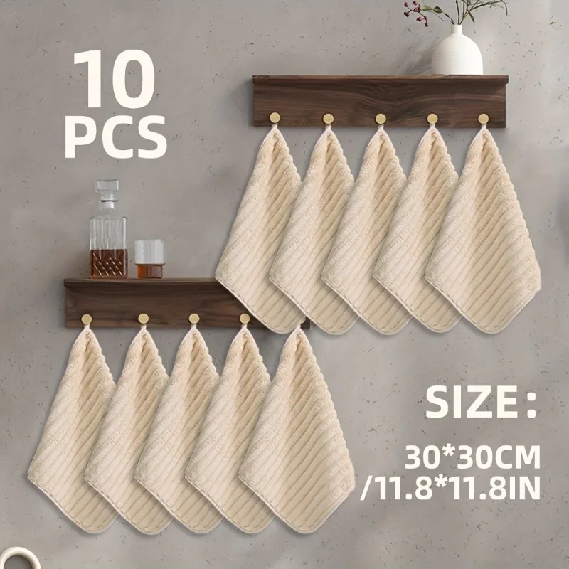 10pcs Soft Quick-Dry Flock Striped Hand Towels for Kitchen & Bathroom & Daily Use Hanging Bath Towel Super Absorbent 30cm X 30cm