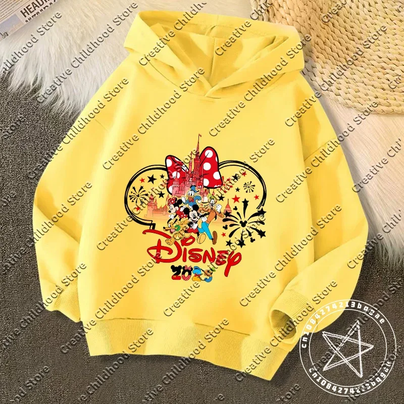 Moda disneyland viagem roupas de férias caricatura moletom com capuz crianças topo desenhos animados disney kawaii 2025 roupas da menina menino disney crianças