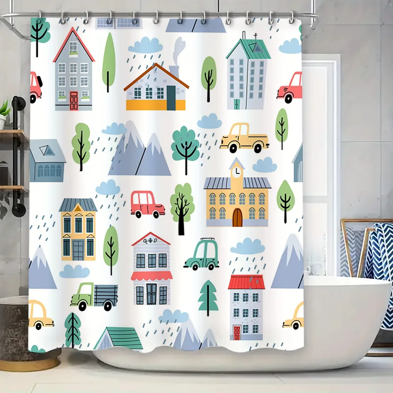 Rainy Day Cartoon Shower Curtain Modern House Car Print Waterproof Bath Mat Cover for Bathroom Decorations in Home Garden Access