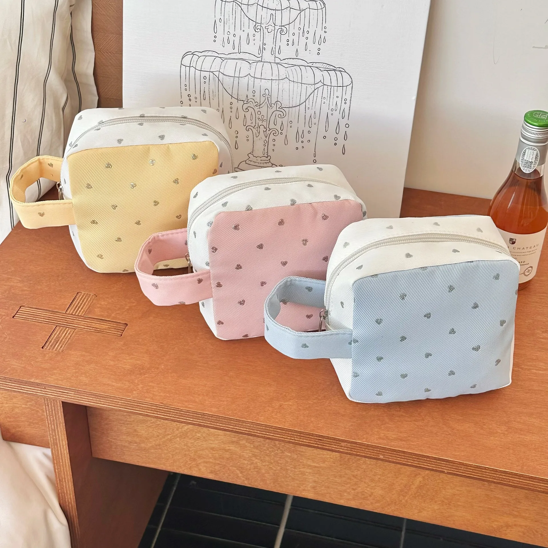 Cute Macaron Color Block Heart Printed Square Makeup Pouch Portable Handheld Small Cosmetic Storage Bag For Girls