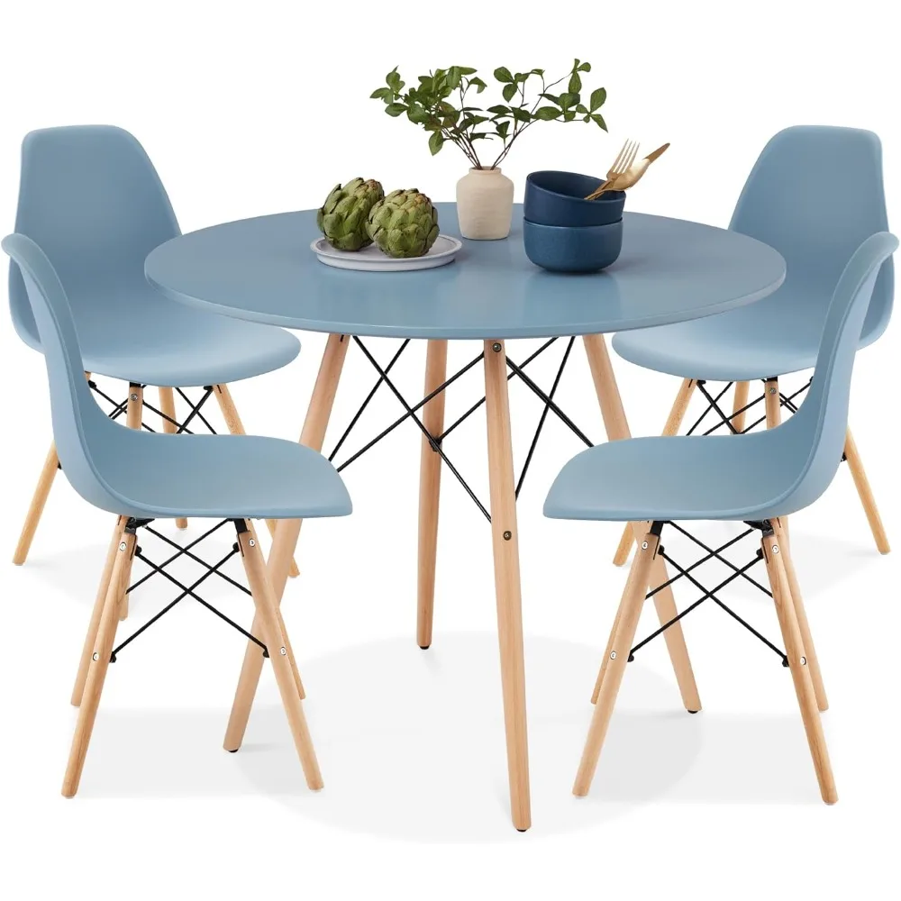 5-Piece Dining Set, Compact Mid-Century Modern Table & Chair Set for Home, Apartment w/ 4 Chairs, Plastic Seats, Wooden Legs