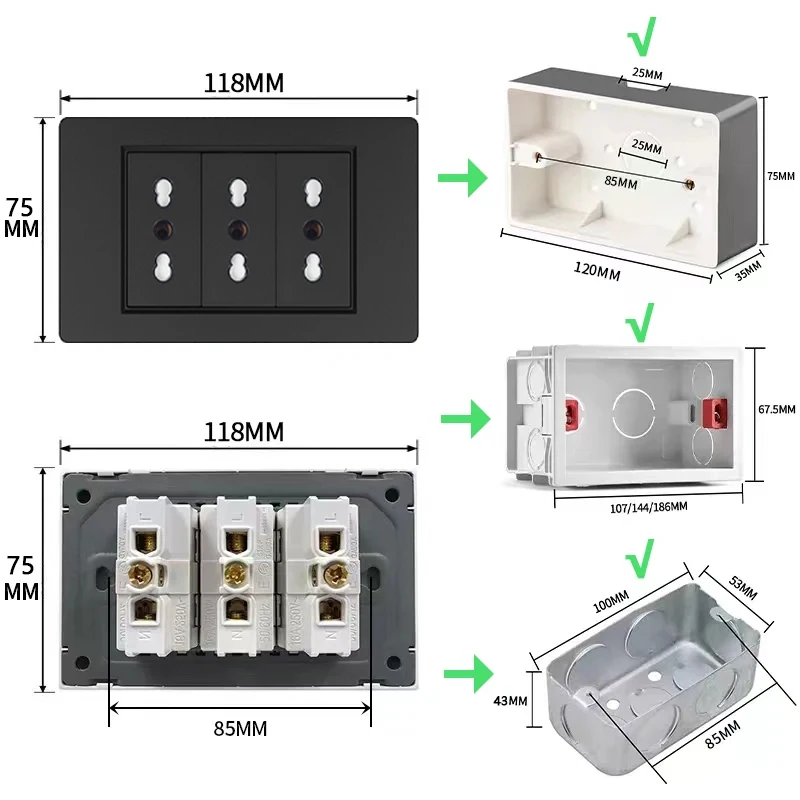 Czarne włochy uniwersalne gniazdo z szybkim ładowaniem rodzaj Usb-c 20W gniazdo ścienne Usb włoska lampa elektryczna przełącznik do montażu