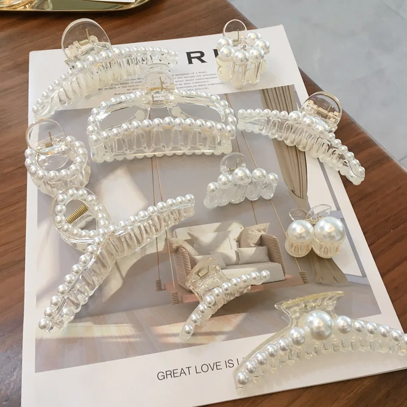 Große Perlen-Haarspange für Damen, elegante transparente Haarspange im Hai-Design für dickes Haar, Haarspangen für Mädchen, Hochzeits-Haaraccessoires – Detail 1