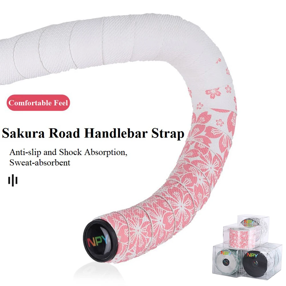 1 Pair Sakura Road Bike Handlebar Tape Anti-Slip PU Shock Handle Bar Tapes w/ Bar End Plugs Anti-Vibration Wrap Handlebar Strap