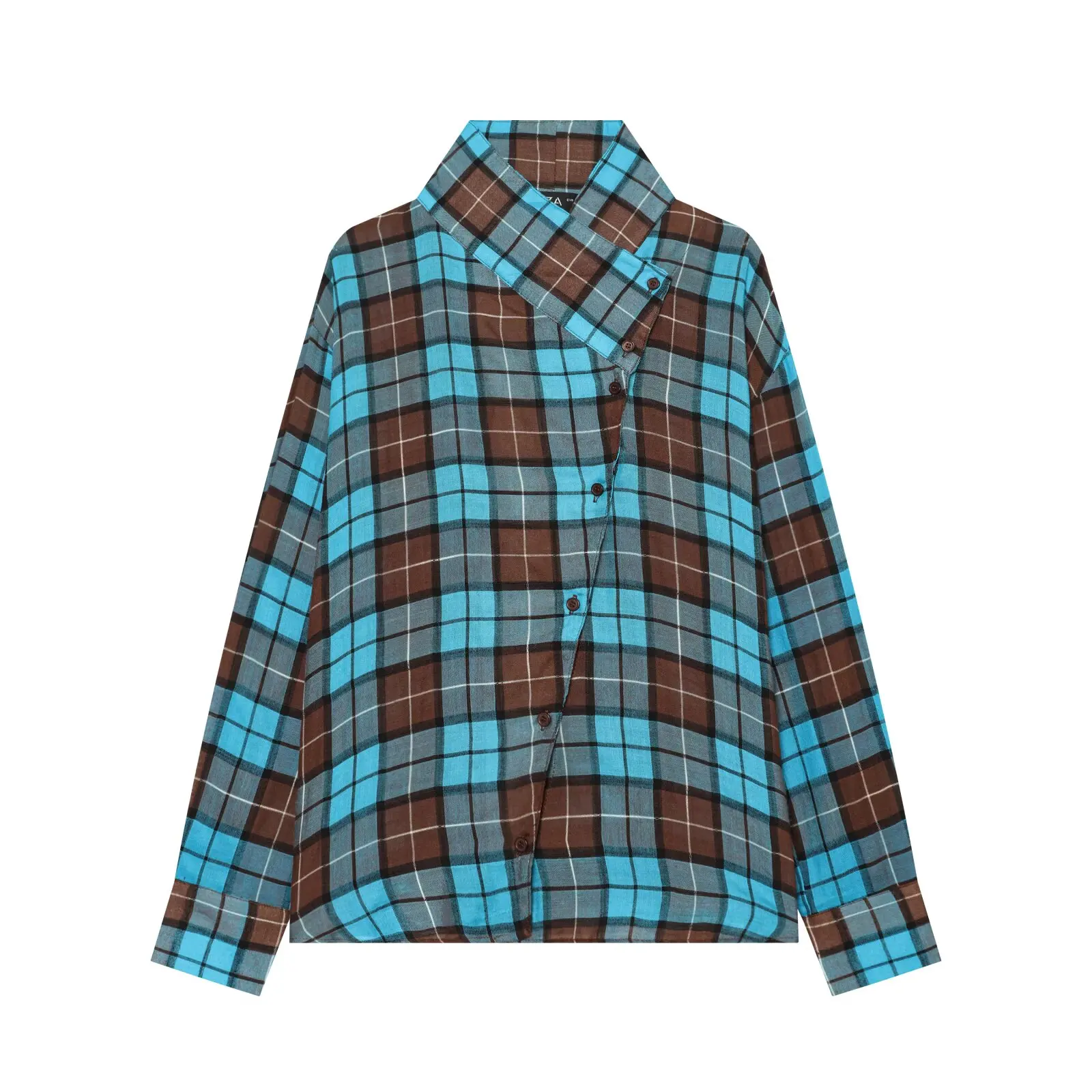 Women Autumn New Long Sleeve Stand Collar Plaid Double Breasted Casual Shirt