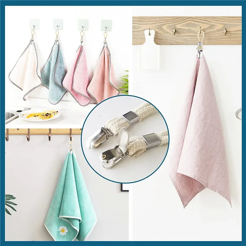 4/8pcs Towel Hanging Clips Clamps Braided Multipurpose Cotton Loop Metal Hook Kitchen Bathroom Storage Clips Sock Clothes Hanger