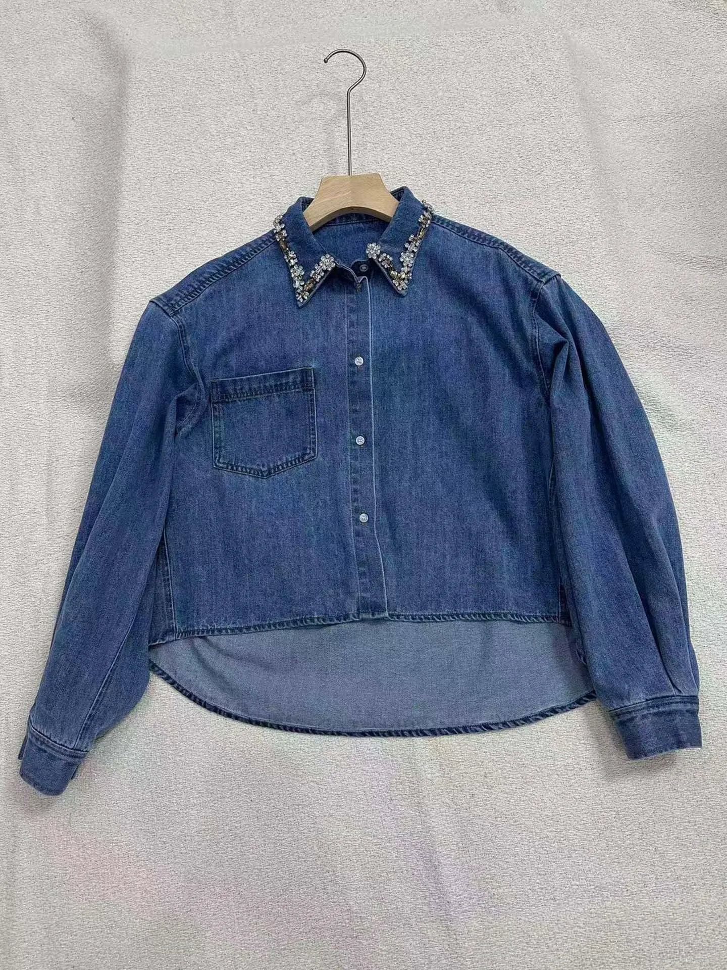 

Heavy Embellished Denim Shirt Women Loose Long Sleeve Casual Vintage Style Front Short Back Long Irregular Length Casual Shirt