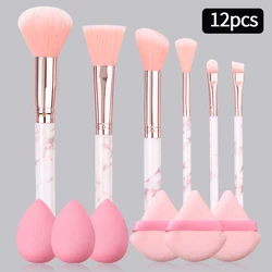 12PCS pink set 6pcs marble brush set +3pcs super soft and delicate powder free makeup egg +3pcs soft setting triangle Puff