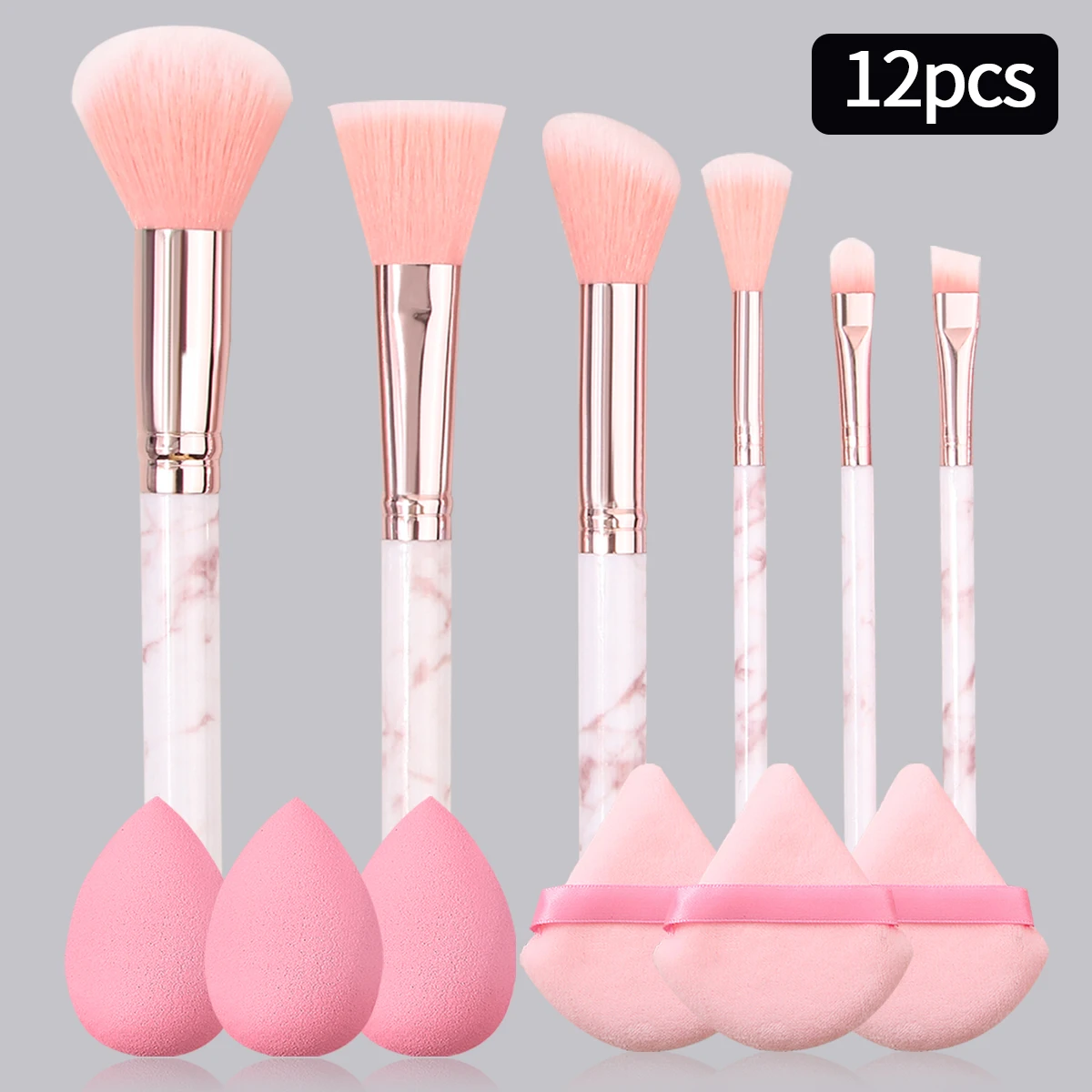 12PCS pink set 6pcs marble brush set +3pcs super soft and delicate powder free makeup egg +3pcs soft setting triangle Puff