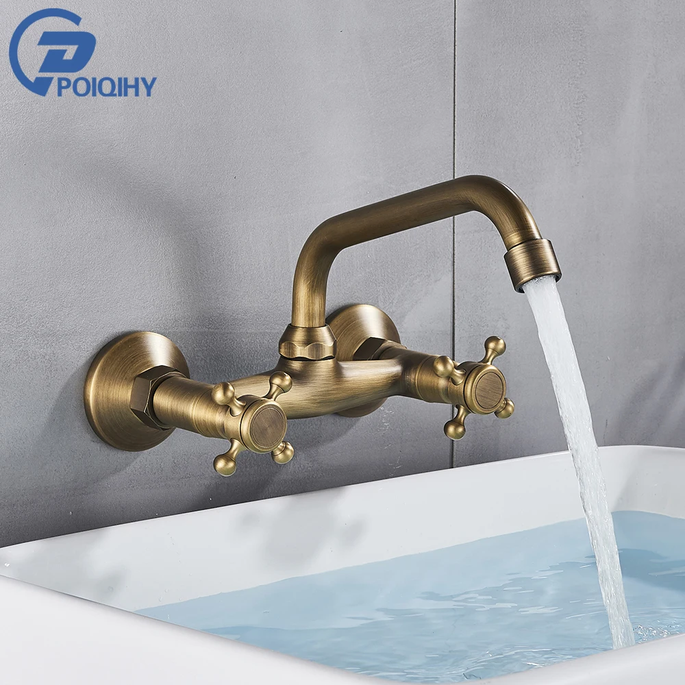 

Antique Brass Basin Faucet Wall Mounted Bathroom Mixer Tap Hot Cold Sink Faucet 360 Rotation Spout ORB Black Kitchen Mixer Taps