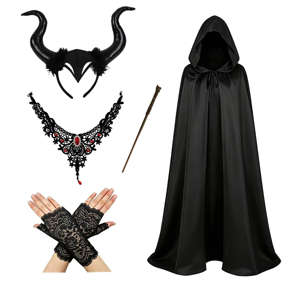 Women Gothic Witch Cosplay Set Black Hooded Cloak Devil Horns Headpiece Lace Accessories Wand Halloween Carnival Fancy Party Cos