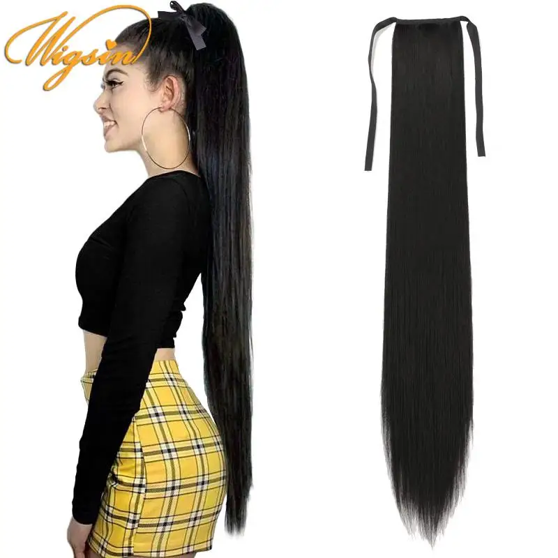 WIGSIN Synthetic 32Inch Long Straight Drawstring Ponytail Clip in Hair Extension Black Blonde Hairpiece for Women