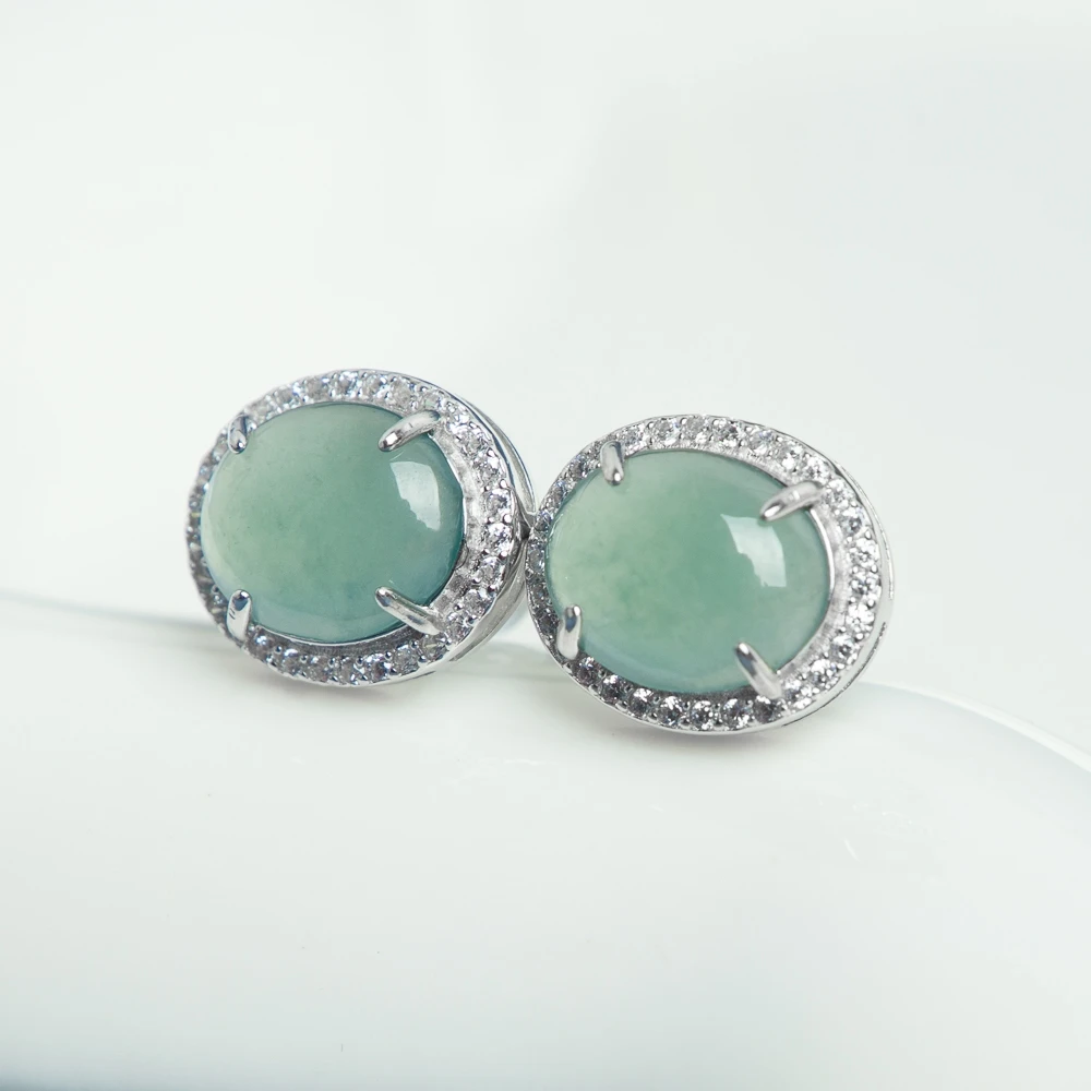 

TIMESWIND Light Blue Natural A-type Jade Oval-Shaped Full Zircon Women S925 Silver Earrings with Certificate