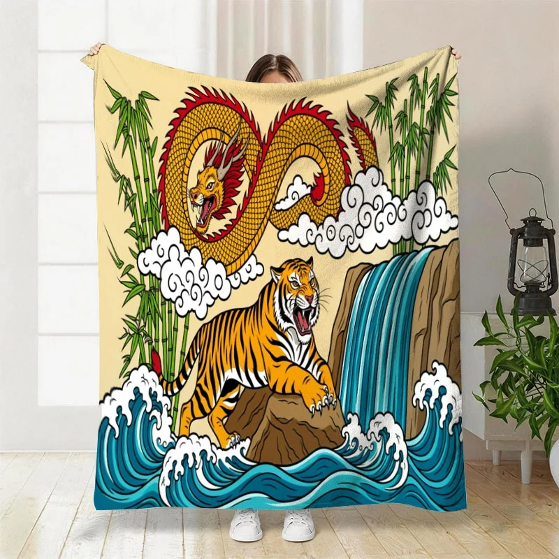 Bohemian Boho Tiger Dragon Jungle Throw Blanket Fleece Couch Sofa Decor Mythological Anime Wall Tapestry Gift