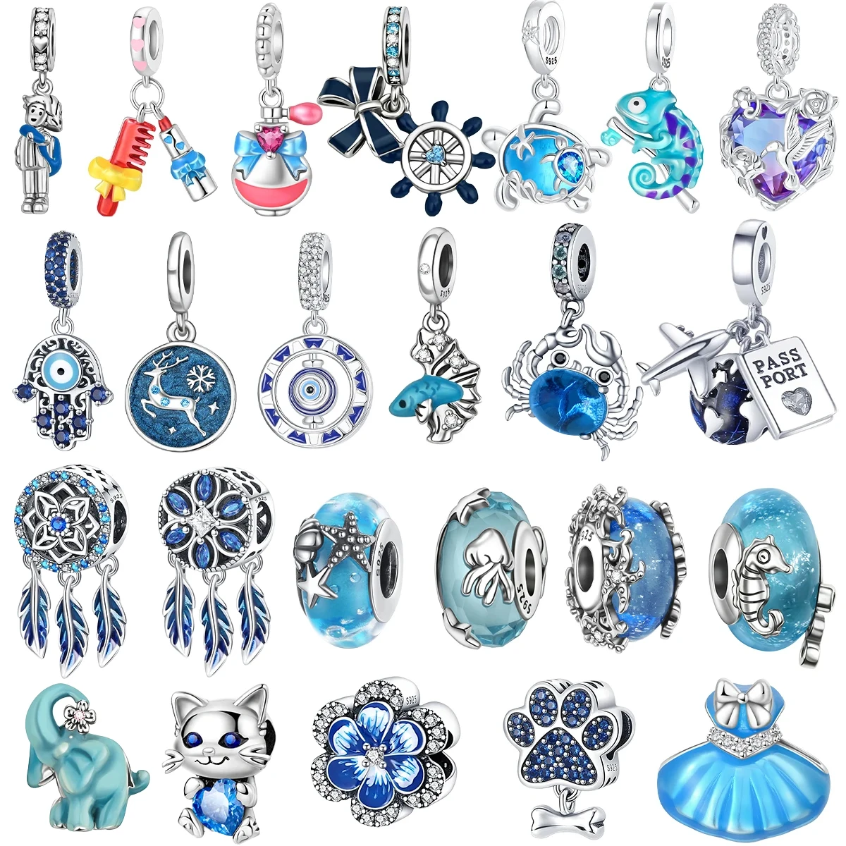 

New Original 925 Sterling Silver Blue Charms Holy Mother Palm Heart Cat Beads Pendants fit Bracelet Necklace DIY Jewelry Gift