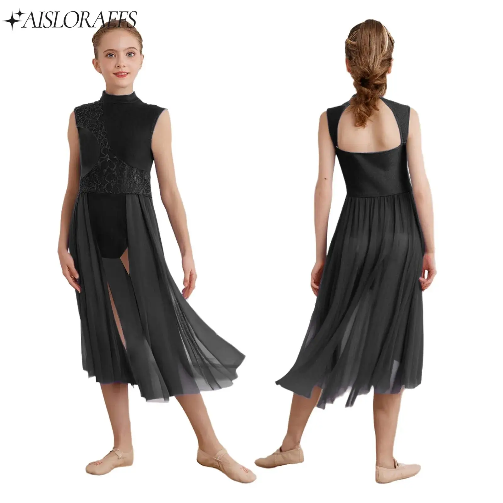 

Kids Girl Ballet Lyrical Modern Dance Dress Figure Skating Performance Gymnastics Clothes Sleeveless Floral Lace Leotard Dress